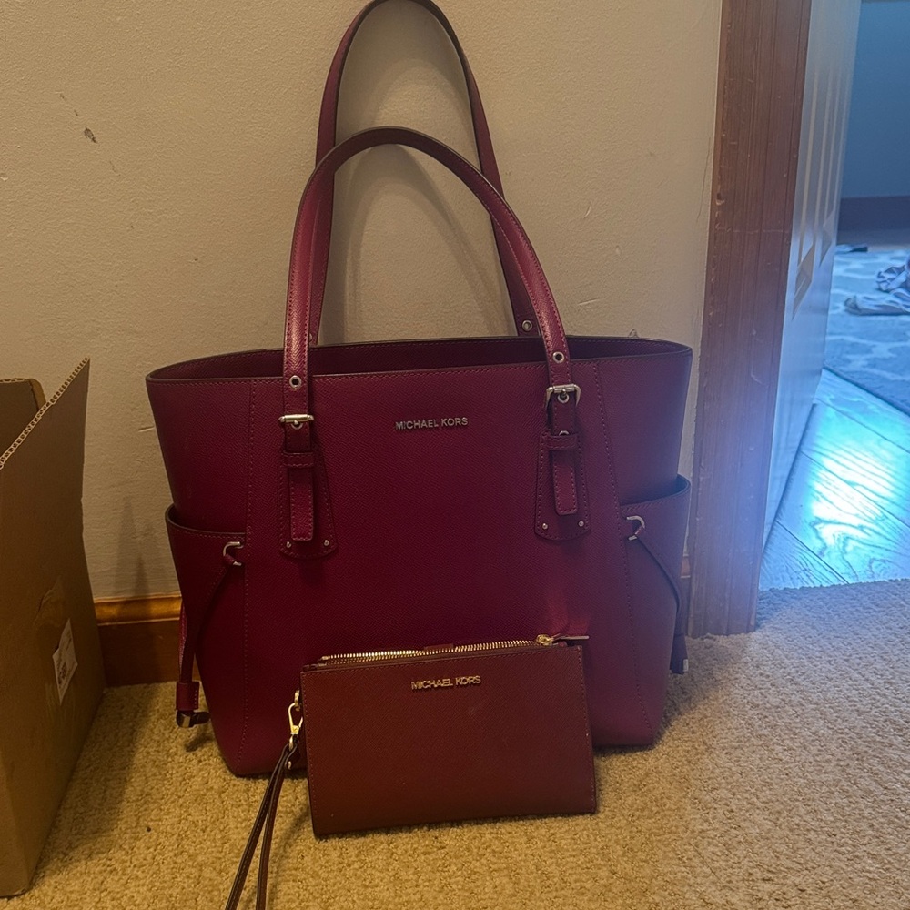 Michael Kors Deep merlot Tote and deep red wallet Wristlet